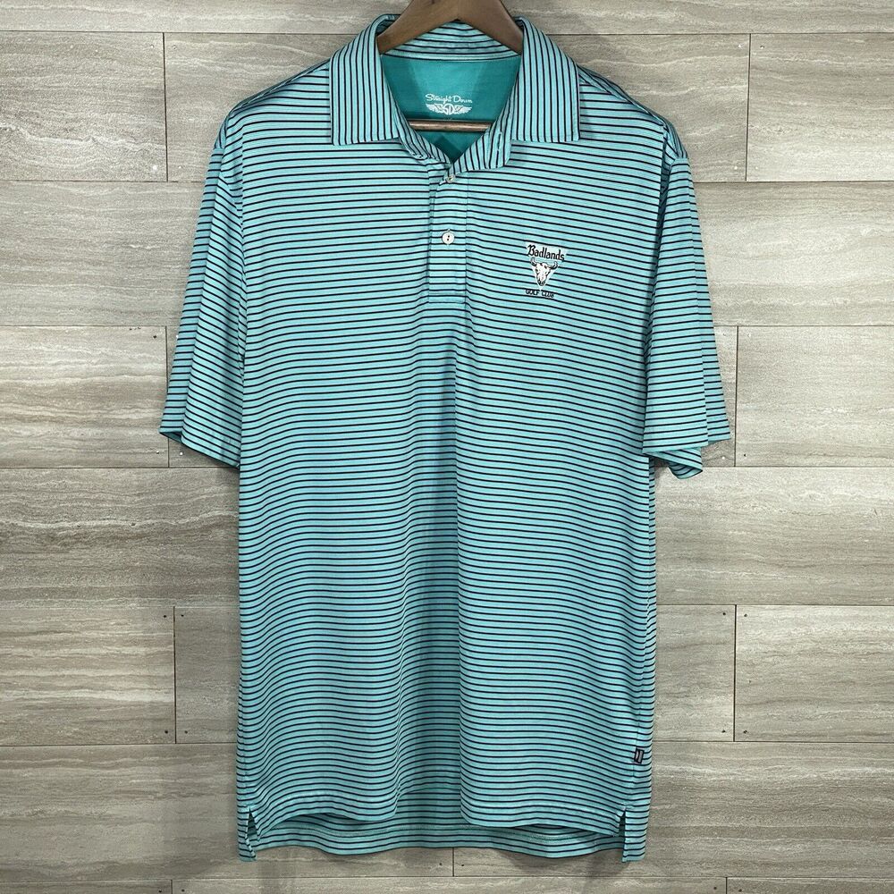 STRAIGHT DOWN The Badlands Golf Club Mens L Stretch Blue Black Stripe Polo Shirt